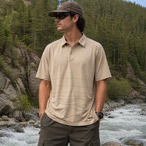 Merrell Opti-Wick Polo Shirt UPF 50+ Outdoor Hiking Tan Print Men's XL Casual